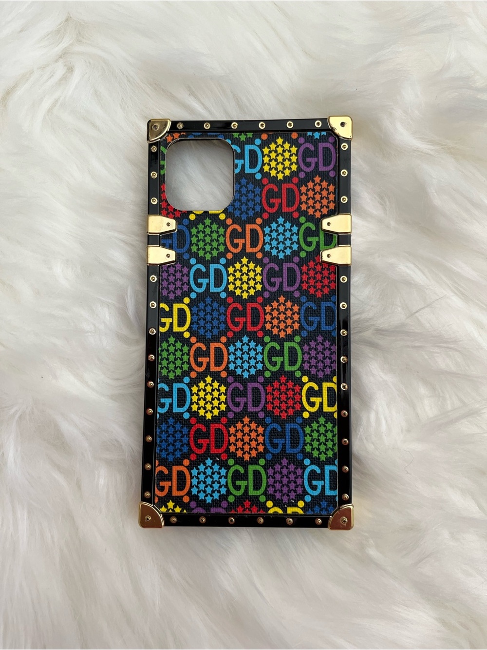 Gucci Multicolor GD Logo Trunk-Style iPhone Case with Black Trim & Gold Accents
